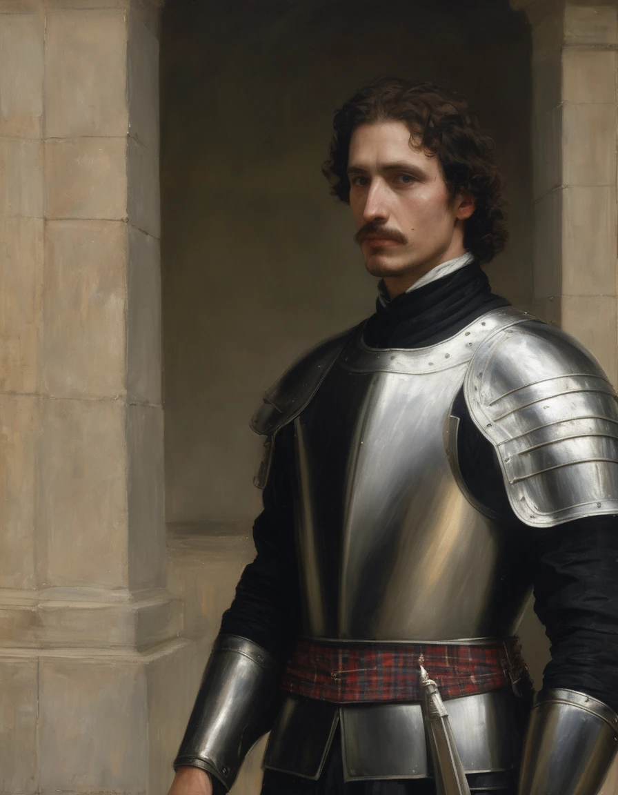 ((Masterpiece, best quality, realistic painting)), ((by Vilhelm Hammershoi, by James McNeill Whistler)), (((half body portrait of a beautiful very young, frustrated, male knight, leaning his head lustfully against a column, his hands are in front of his crotch, he is very sensual and masculine, he is depicted with pensive, tired eyes, he is disheveled, a layabout, muscular, wearing plate armor, with tartan elements, he is manly and has a moustache. Castle background))).