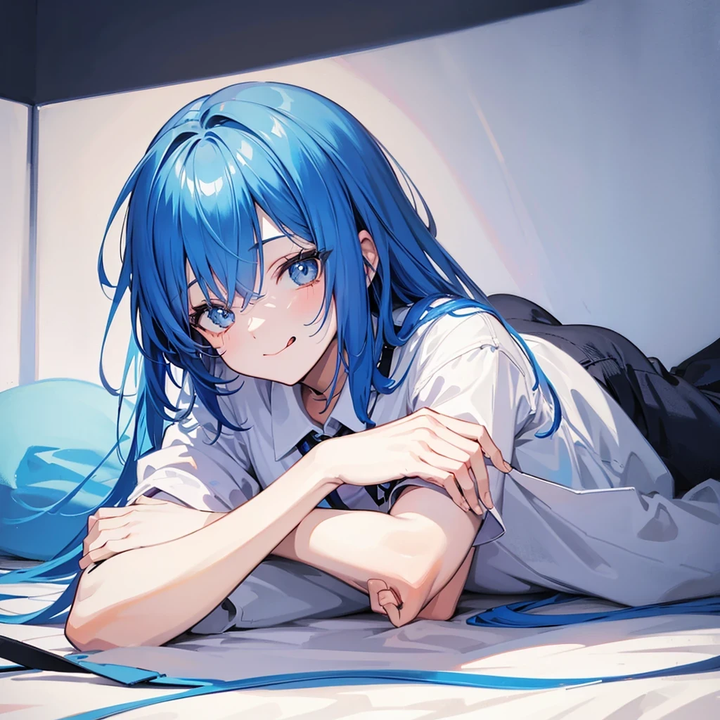 1 person with short blue hair、boy Lying down Illustration smiling, Sticking out tongue, Wide-angle shot,