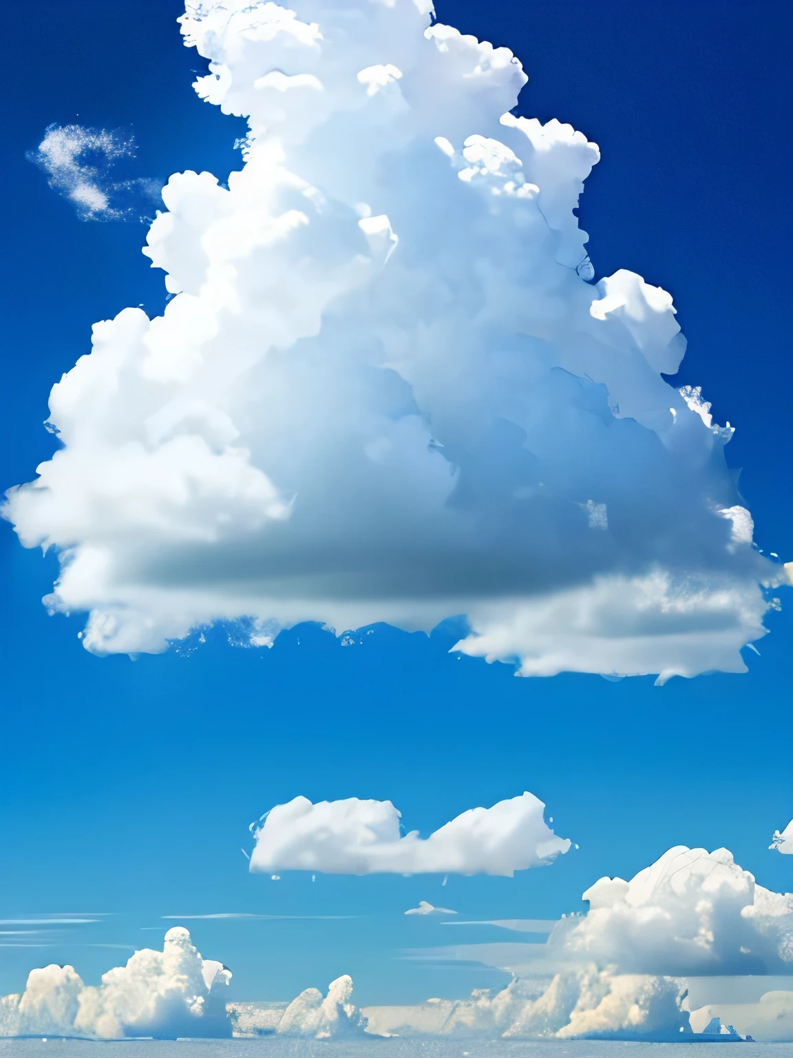One white, round cloud floating in the center, coherent, blue sky with no clouds around, surrealism, very high quality
