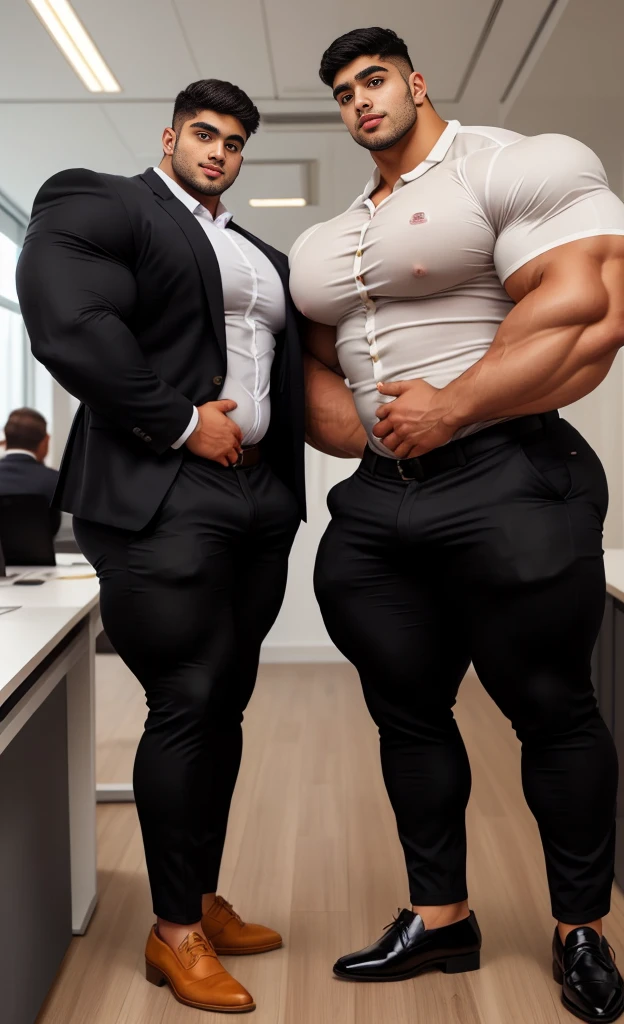4 meter tall slightly overweight indian men. 20 years old. Young fresh face. In london with friend holding touching. Height difference of 2 heads. difference and Size difference. Very sexy Posing for camera. Muscular. Wearing office a tight black suit pants, and shirt. Slight belly fat. Big ass. Very long legs.