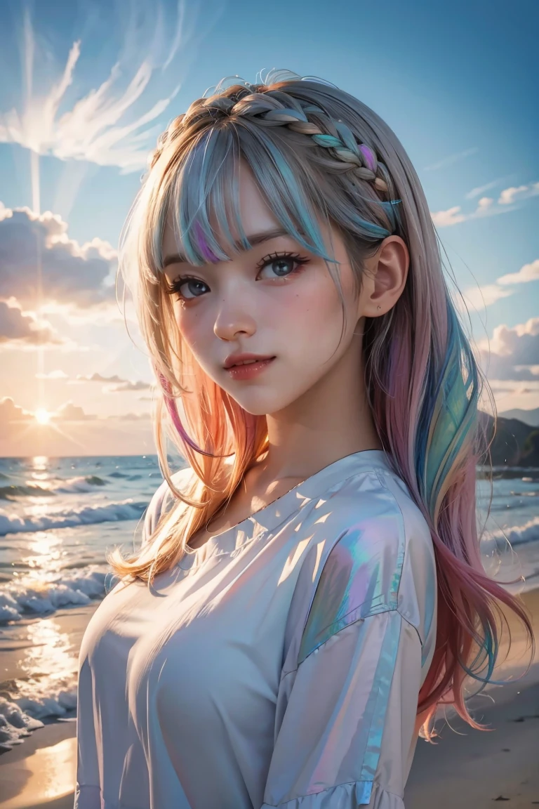 (Masterpiece, Top Quality, Best Quality, Watercolor (Medium), Official Art, Beautiful and Aesthetic: 1.2), (1 Girl: 1.3), (Fractal Art: 1.3), Morning, Good Morning, Smile, Sunny Day, Cheerful, Look Viewer, Pattern, Wave, (Iridescent Hair, Colorful Hair: 1.2), Sky, Gas, Clouds, Colorful, Soap Bubbles