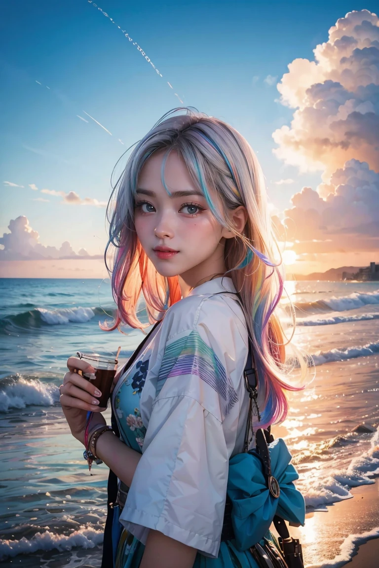 (Masterpiece, Top Quality, Best Quality, Watercolor (Medium), Official Art, Beautiful and Aesthetic: 1.2), (1 Girl: 1.3), (Fractal Art: 1.3), Morning, Good Morning, Smile, Sunny Day, Cheerful, Look Viewer, Pattern, Wave, (Iridescent Hair, Colorful Hair: 1.2), Sky, Gas, Clouds, Colorful, Soap Bubbles