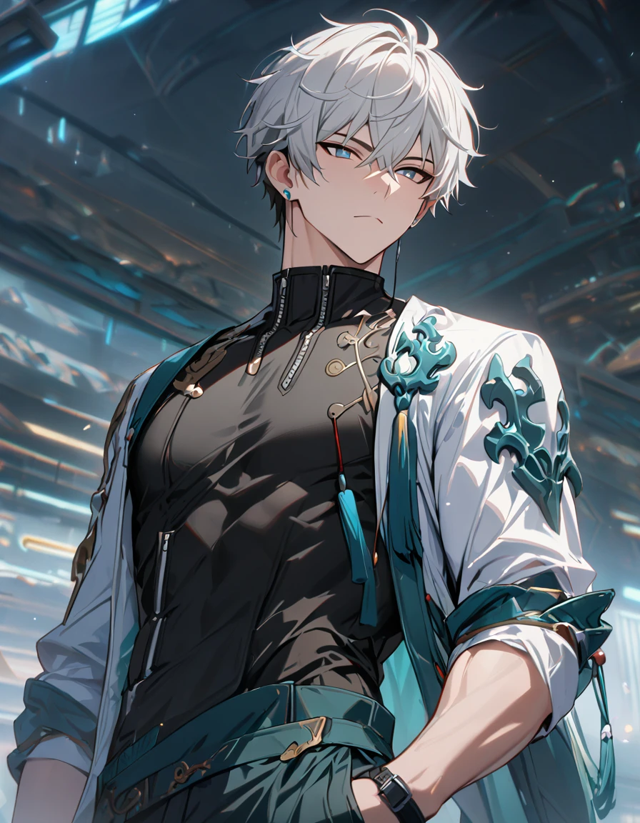 1 male, short hair, white hair, blue eyes, dan heng clothes, (best quality,4k,highres,masterpiece:1.2), slightly muscular