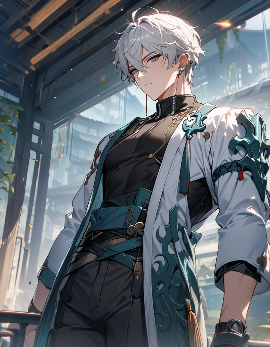 1 male, short hair, white hair, blue eyes, dan heng clothes, (best quality,4k,highres,masterpiece:1.2), slightly muscular