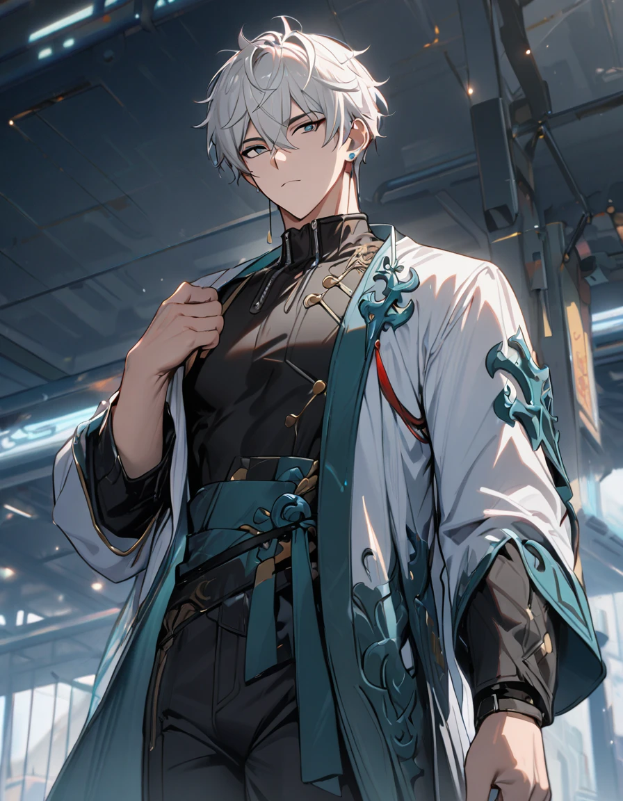 1 male, short hair, white hair, blue eyes, dan heng clothes, (best quality,4k,highres,masterpiece:1.2), slightly muscular