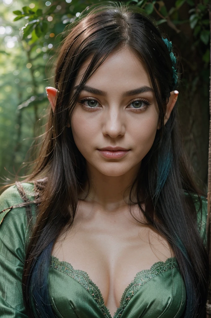 A girl with long blue hair. Her face is exquisite, with high cheekbones and smooth fair skin. Her large black eyes, framed by long thick eyelashes, are impressive and expressive, radiating calmness and confidence. Well-defined eyebrows curve gracefully above her eyes, adding intensity to her gaze. She has a small, straight nose and full, slightly parted lips that curve into a slight smile, revealing hints of mischief and allure. Her sharp, well-defined jawline gives her face a refined and elegant appearance. Photorealistic image of an elf with delicate, carved ears and bright green eyes. His hair is decorated with leaves and small twigs that add to his natural beauty. The forest background with thick trees and magical light creates the atmosphere of a magical and unexplored world, emphasizing the mystery of the elf. The general atmosphere combines natural harmony and fabulous beauty.