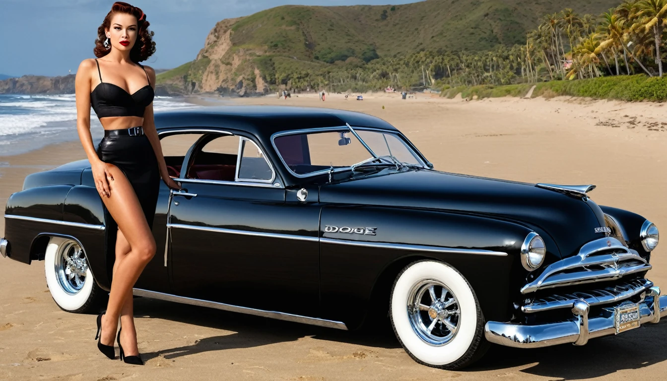((Realistic photos of the 1952 Dodge Kingsway Custom)),British Racing Black color、Chrome Mag Wheels, I parked my car at a surf beach on a summer day., Highest quality, Very high resolution, 8k, Topless girl with surfboard standing next to a car, (The finer details,)