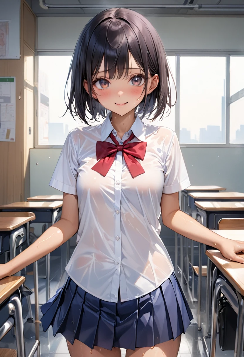 ((realistic)),((masterpiece,Highest quality:1.3,best quality illustration)),cowboy shot,独奏,1woman,18 year old beauty、black hair,short bob hair,bangs,black eyes,(gorgeous big eyes),((very small head:1.3)),smile,((very long body,:1.2,skinny)),((tan skin:1.4)),small breasts,(Collared short-sleeved shirt、red bowtie,Navy blue pleated mini skirt),gleaming skin,oily skin,slender body,sweat,machine、classroom、School、Tokyo、