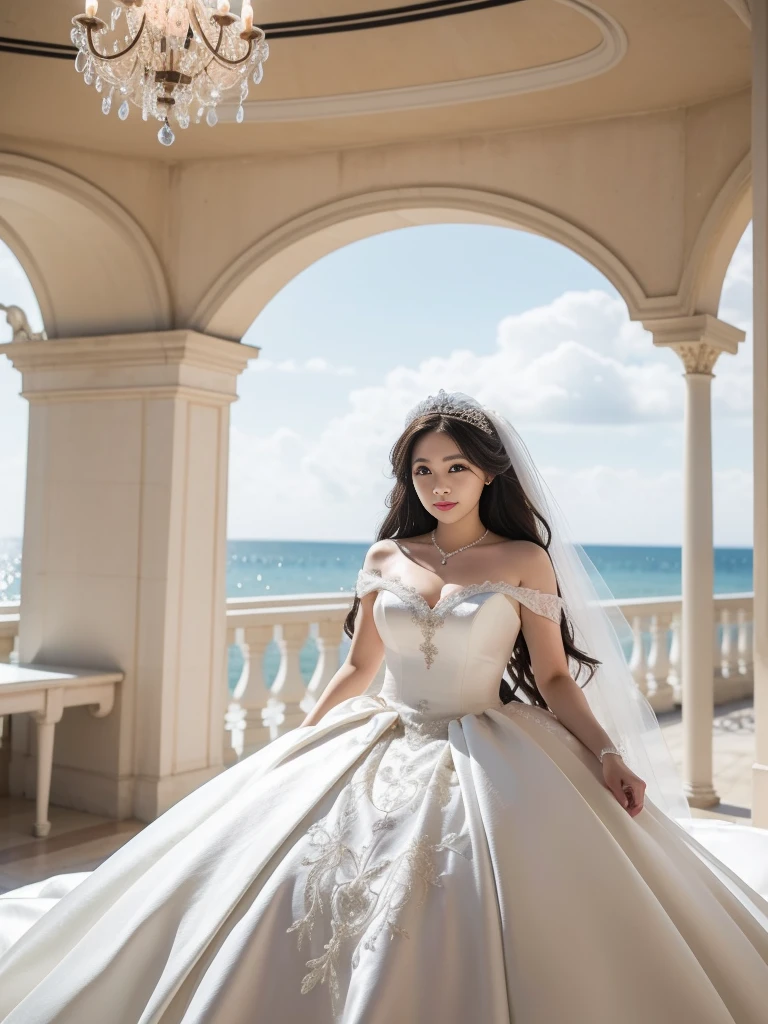 (8K,Realistic)Keywords: Wedding dress, Seaside, auditorium, Medium chest,Exquisite facial features, Realism,Very detailed,Real, Beautiful big eyes.
