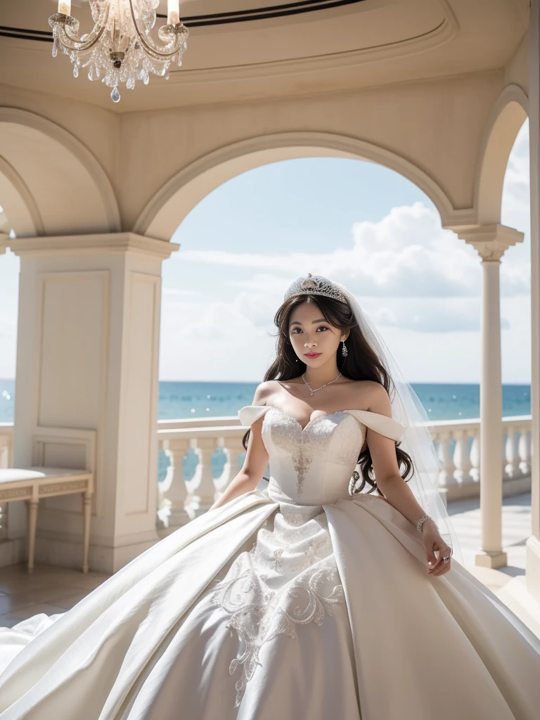 (8K,Realistic)Keywords: Wedding dress, Seaside, auditorium, Medium chest,Exquisite facial features, Realism,Very detailed,Real, Beautiful big eyes.