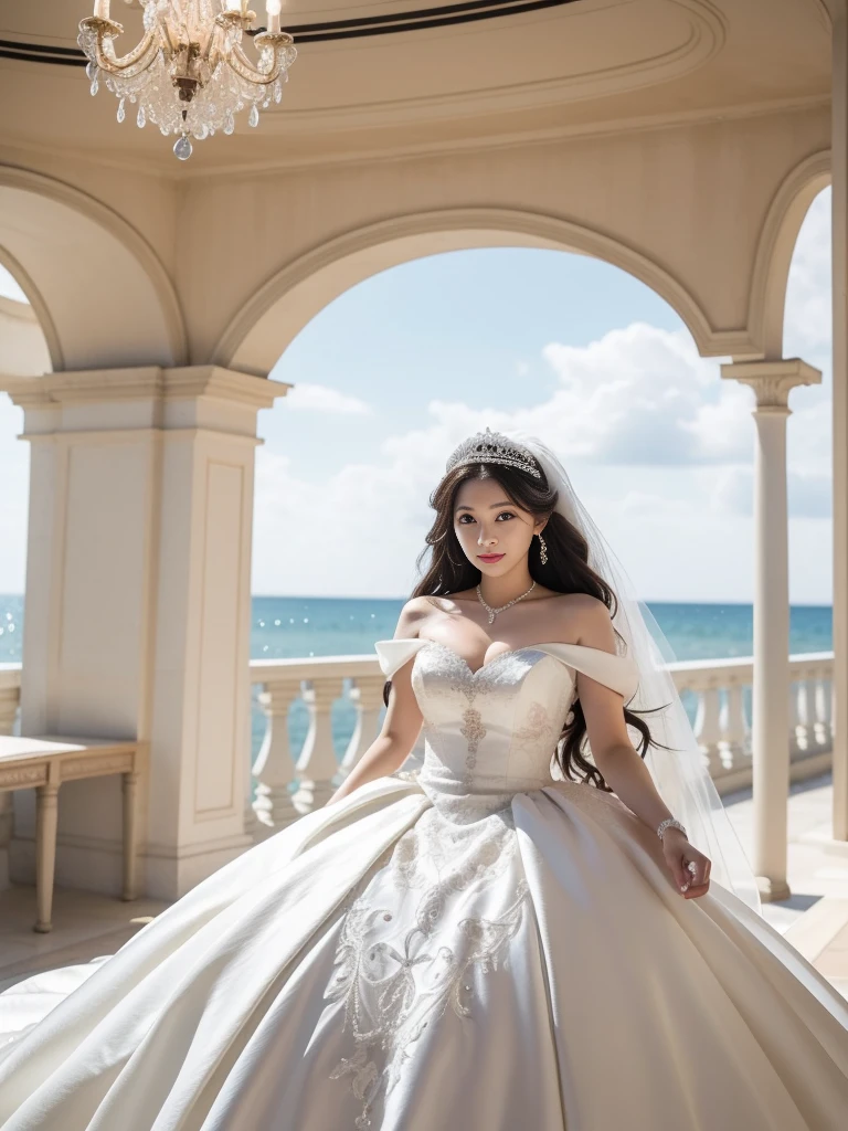 (8K，Realistic)Keywords: Wedding dress, Seaside, auditorium, Medium chest,Exquisite facial features, Realism，Very detailed，Real, Beautiful big eyes.