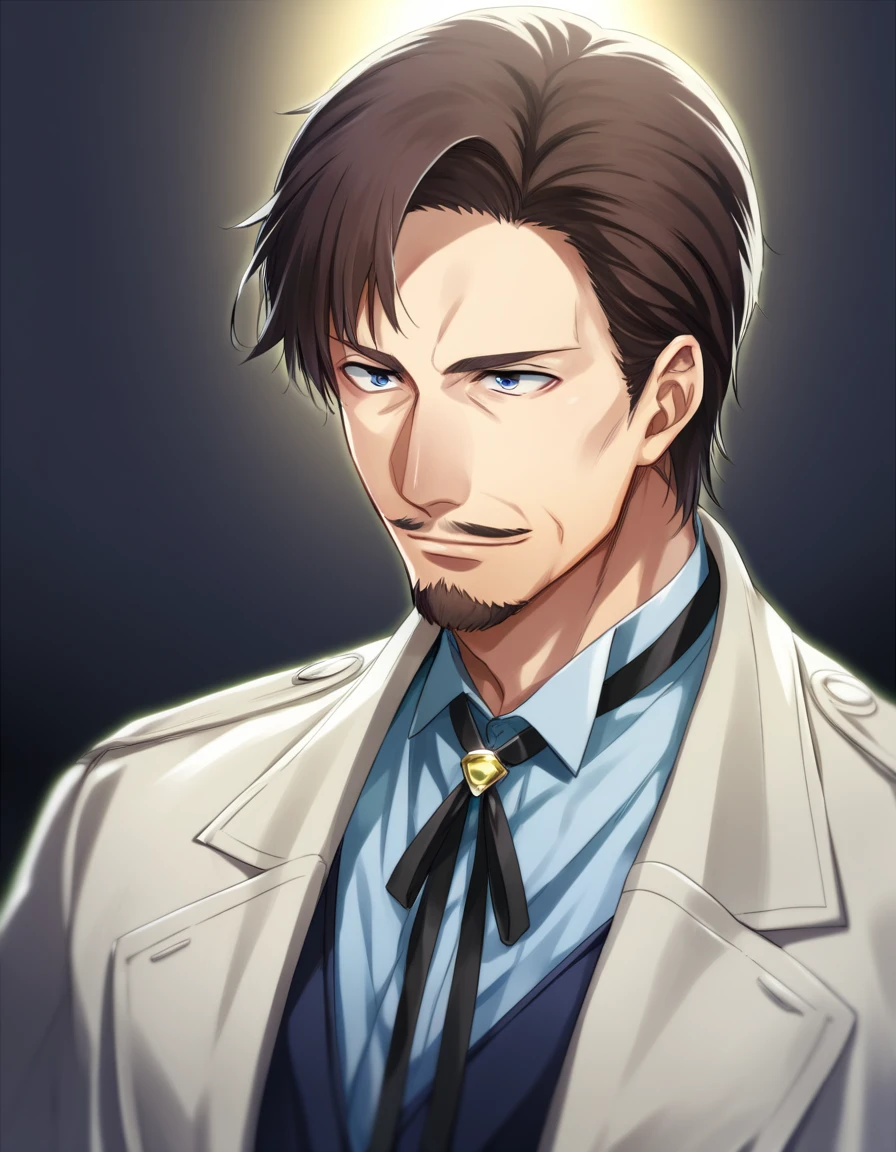 Score_9, score_8_up, score_7_up, source_anime, score_6_up, score_5_up, score_4_up, BREAK 1man, mature male, parted bangs, medium-short hair, brown hair, muscular male celeb, short goatee, short mustache, indigo eyes, gentleman, elegant netori male, dark iris, upperwaist, BREAK solo, white collared shirt, gray trench coat, black neck ribbon, in gentle sasaki style, visual novel, 2010s, extreme all detailed, masterpiece, best quality