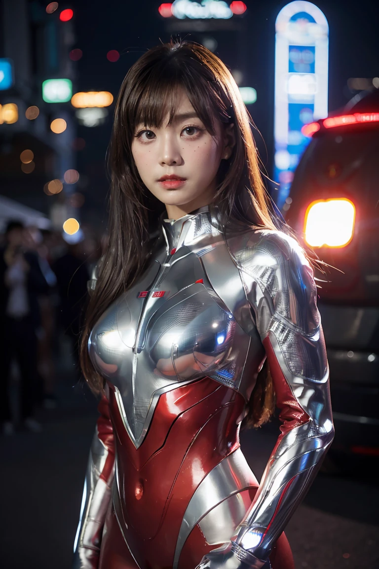 Ultraman、realistic、realistic、cinematic lighting, Girl in a shiny red and silver suit、15 years old、professional photos、Don'Do not expose your skin, japanese model, japanese cgi、Ultraman Suit、, Power Rangers Suit、tight and thin cyber suit,Whole body rubbery、There's pink There、 delicate body, big breasts、small ass、thin thighs、thin arms、thin waist、camel toe、Both sides of the cyber suit stick to the skin、Big eyes、black short hair、facing the front、facing the front立っている、A glowing sphere is embedded in the chest.、Essay Examination、(( blue sky background))