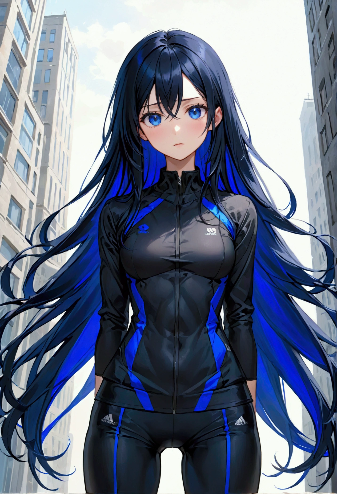 long black hair with inner dark blue hair, dark blue eyes, tall athletic body,