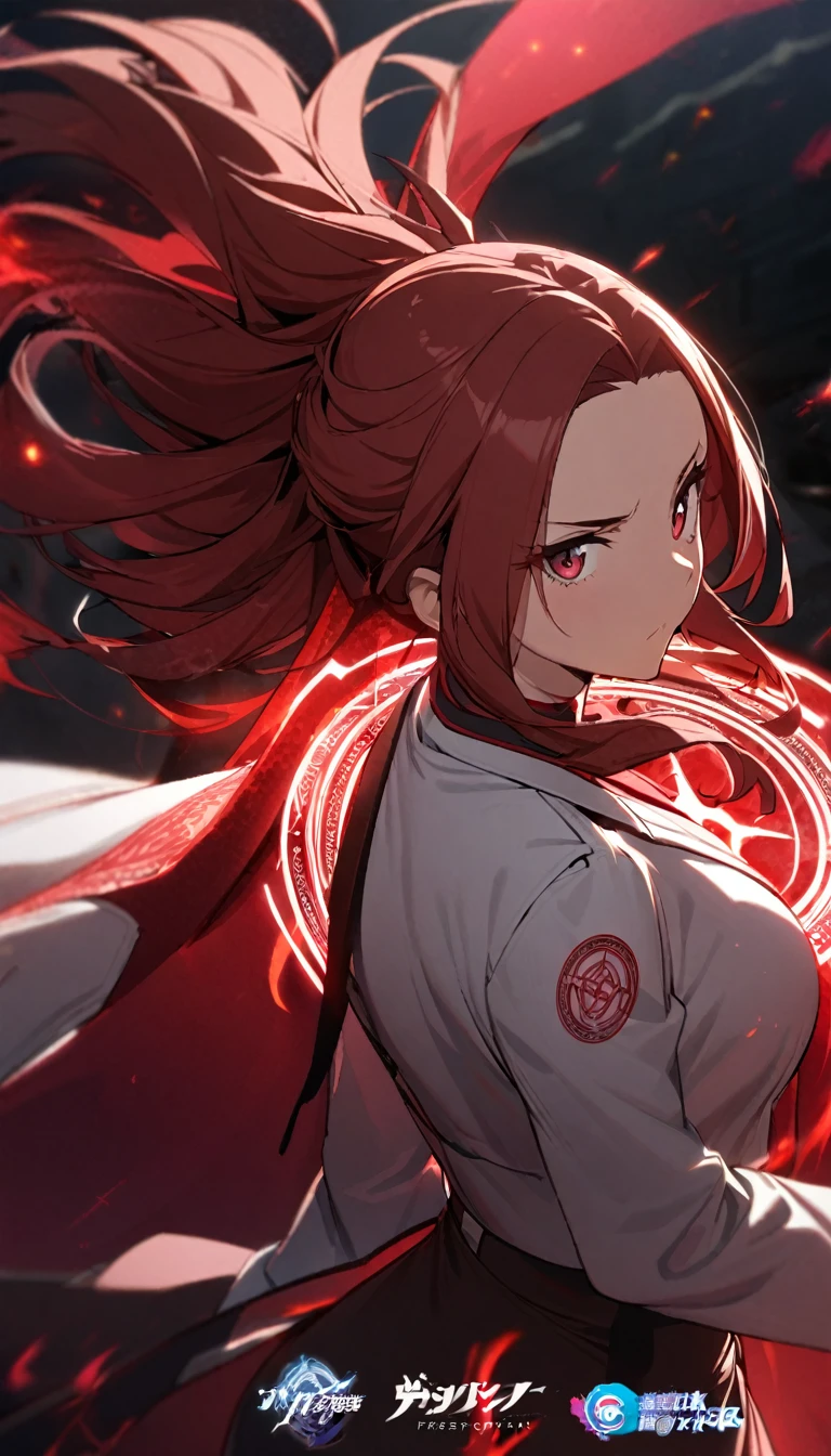 1girl,matured,red curtain hair forehead,small eyes,,long face,two glowing katana on her back, ,white blazer with logo,white high waist skirt,red glowing eldritch magic circle, serious, perfect body,closeup,