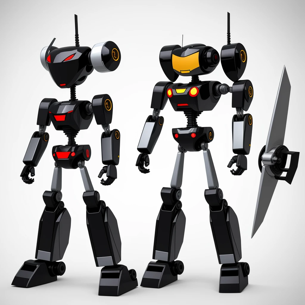 cartoon style 1 type robot with variation props, 1angle 1side, geometrical, high detail, best quality, simple background