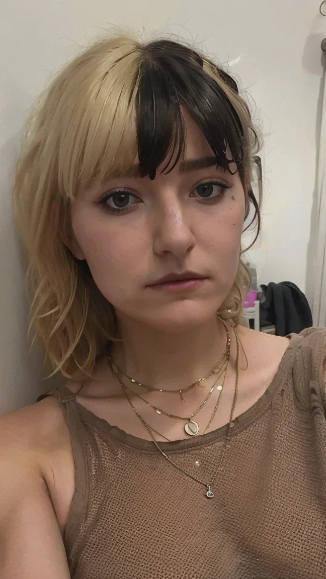 Leina, bicolor hair, left side of her hair dyed in blonde, right side of her hair dyed in black, annoyed, , looking at the camera , , ,nude, , , exhaust, , , , medium hair, , , , taking a selfie