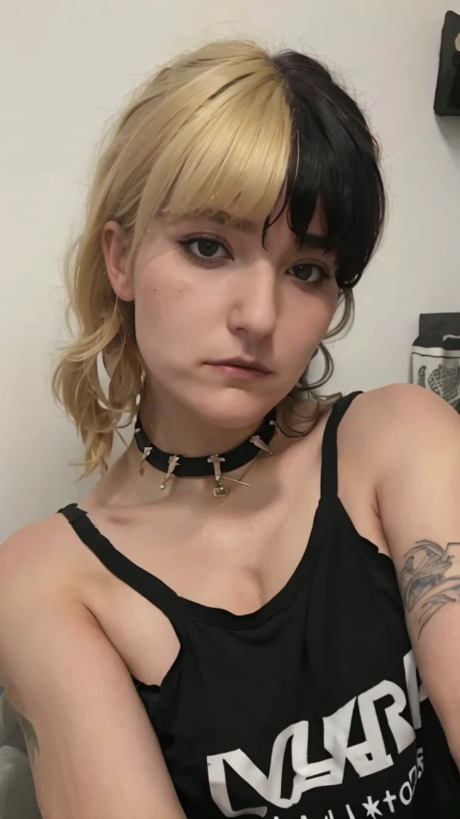 Leina, bicolor hair, left side of her hair dyed in blonde, right side of her hair dyed in black, annoyed, , looking at the camera , , ,nude,  , , exhaust, ,  ,  , medium hair,  , , , taking a selfie 