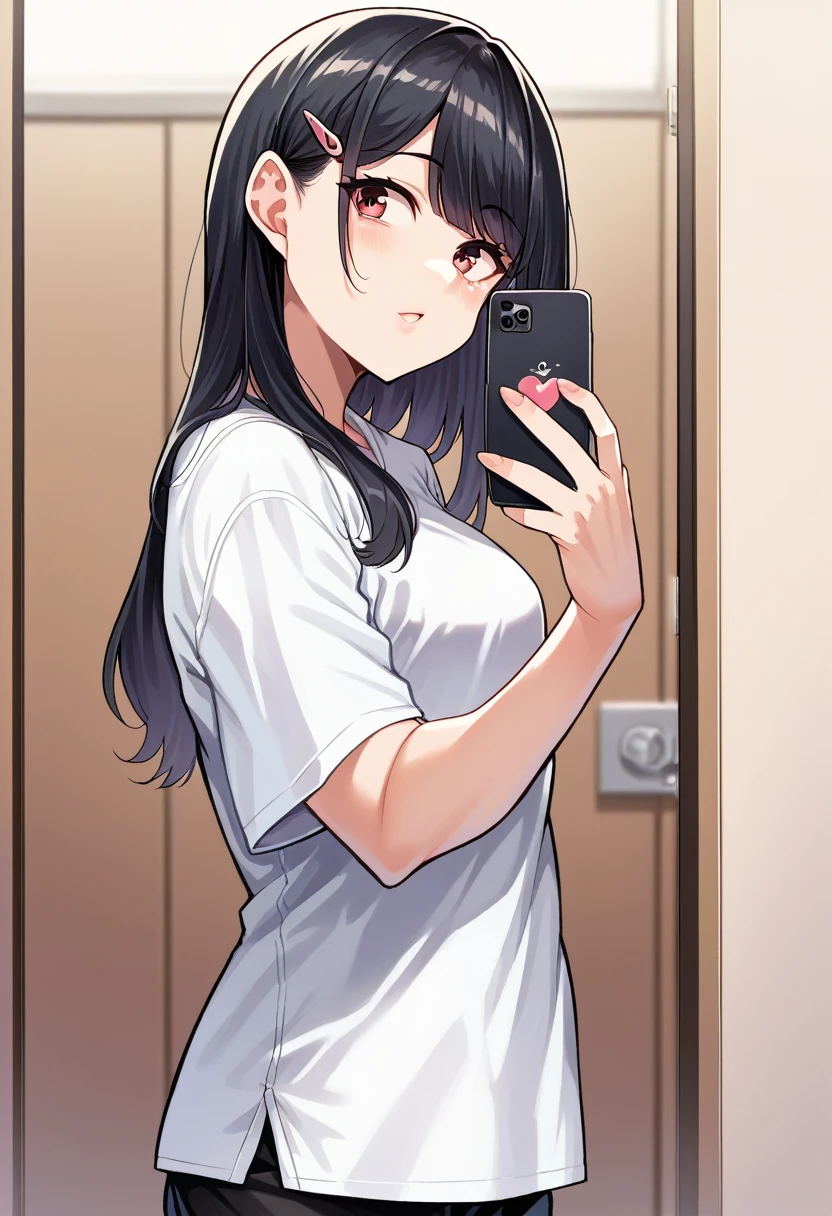 score_9, score_8_wonderful, score_7_wonderful,   Cowboy Shot, From the side,  One Girl, smartphone,  Selfie,  amount,  Hair Clip, Voice of the Heart, Black Hair, bangs,
,   