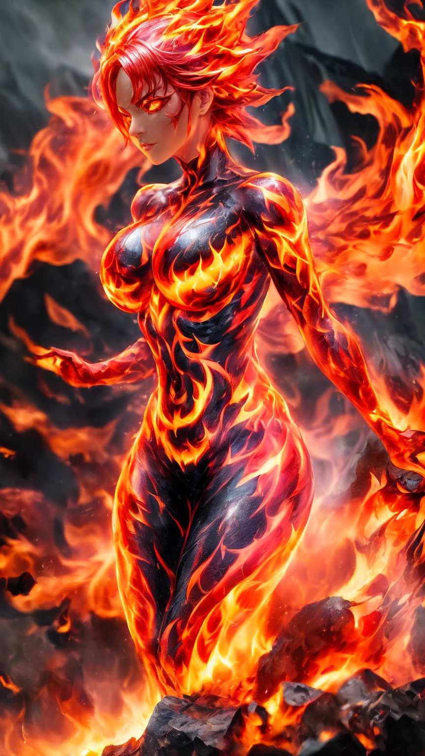 masterpiece, highest quality, dragonlady queen, bright red glowing eyes, detailed eyes (1.4), scars on face, villainous expression, flaming skin body with bioluminescent glowing pattern, ready for battle, blurred stormy background, dark atmosphere, lighting in background,full body,