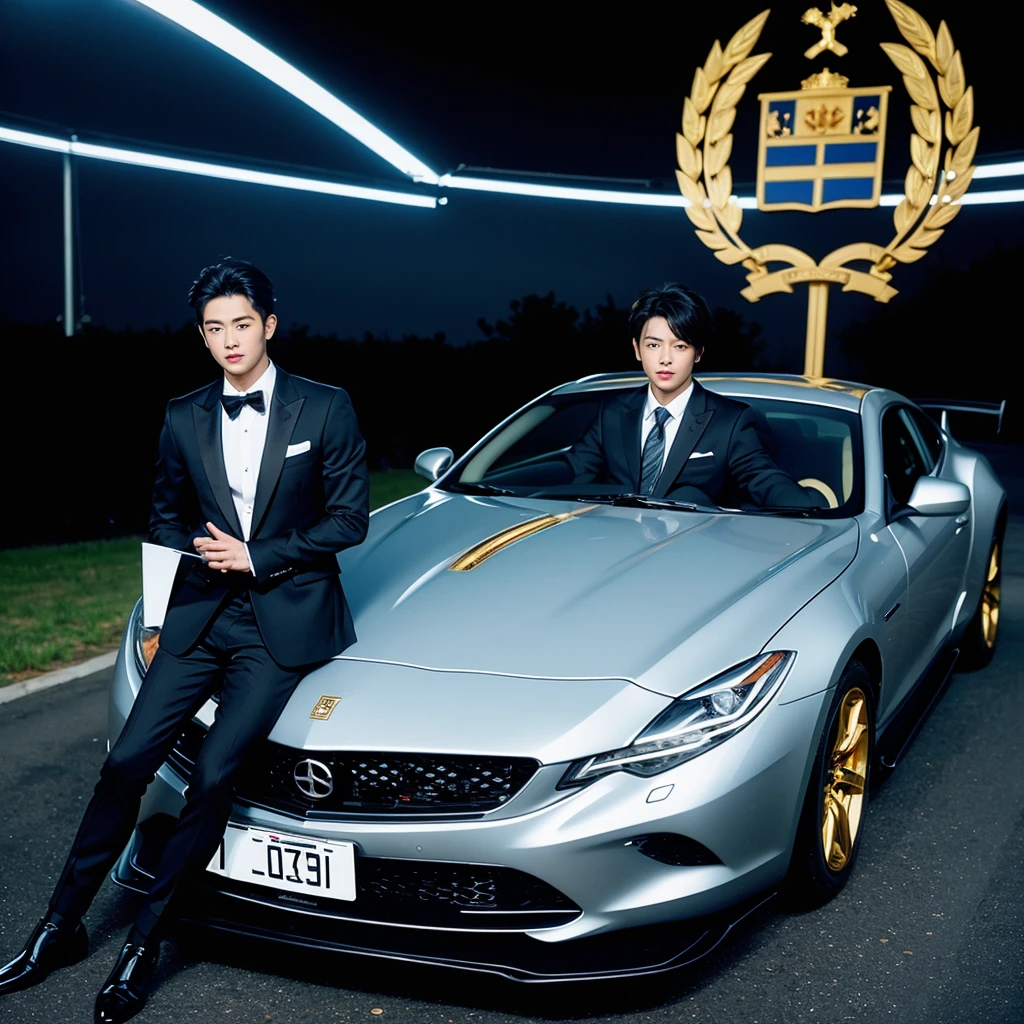 A handsome boy,Very rich,Wearing gold and silver,And sports cars,Wearing a brand name watch,Showing off wealth
