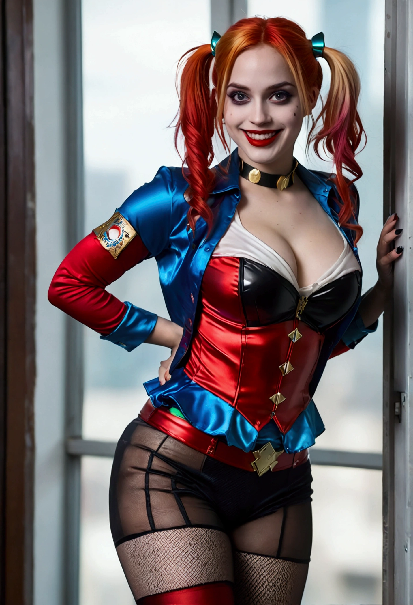 ultra realistic, photography, long red hair, girl, 24 years old, hourglass figure, perfect body, Flirty look, extremely detailed artgerm, in the style artgerm, small breasts, facing the camera, lens 35 mm, blur background, red and blue Harley Quinn costume (from the 2016 suicide squad movie), lively costume party as background, laughing, full body picture, full body, black sheer tights