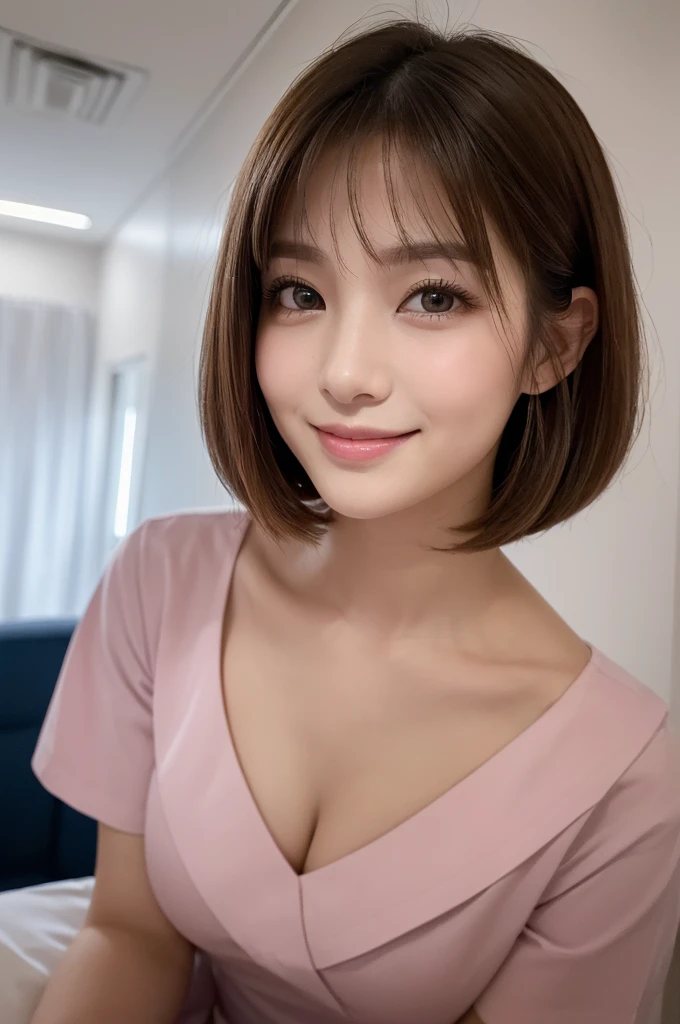 (1 Girl )、(24years old,Beautiful Japanese,round face、Refreshing、clear、seems kind、stylish、Pitiful、cute like an angel、cute、black eyes、(Single eyelid:1.3)、(Beautiful skin), {(Japan human face:1.1),(General facial features)} , (((Beautiful breasts:1.0))),(((soft breasts))),(very cute),(enchanting eyes),(highlight on eyes:1.2)、(brown hair),(short hair),(8K、Live shooting、highest quality、masterpiece:1.2、optimal lighting),((Photo taken by a professional photographer)),(real、photo real:1.4),BREAK,{ ((pink nurse costume)),},break, hospital,from below,(((1970s vibe)))、Hospital ,face shot:1.0,クローズアップ、,sitting,(Smile:1.2),,(looking at viewer),,(Purse lips),leaning forward