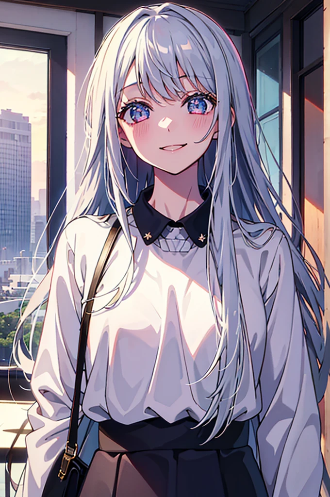 1.5, best quality, high quality, High definition, High quality texture, high detail, beautiful detailed, finely detailed, extremely detailed cg, detailed texture, ((ANIME)), 1girl, woman, female, ((casual)), silver hair, long hair, straight hair, starry eyes, smiling, model, casual clothing, trendy