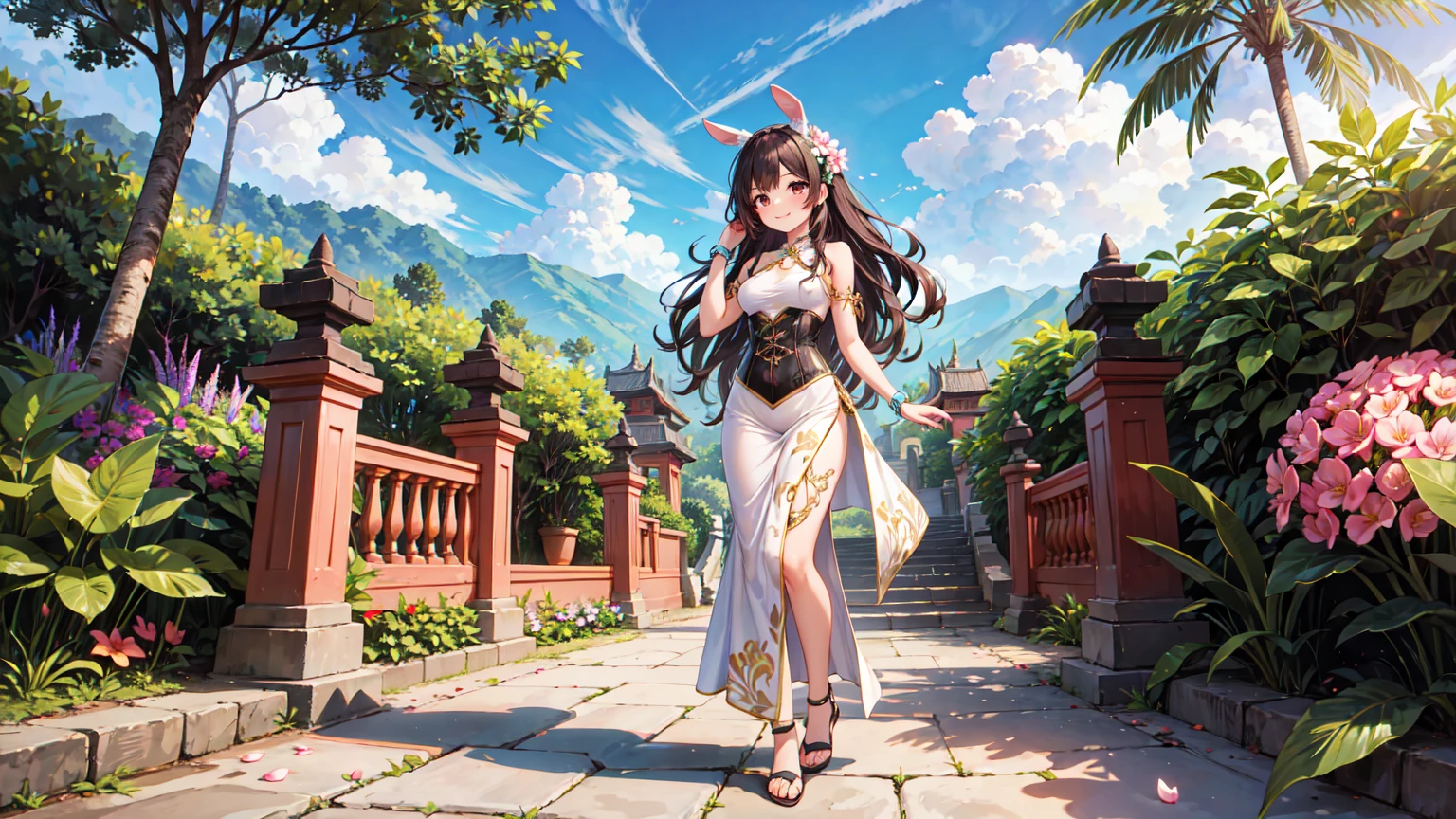 "Beautiful Indonesian Bunny Girl, Wearing a kebaya-style bunny costume. She already, Black wavy hair,It is decorated with a plumeria flower, Dark brown eyes, and a warm smile. The costume includes a corset similar to a traditional kebaya,It has intricate lace and batik designs on it,Available in dark blue and gold, Matching high heels, And a pair of furry white rabbit ears,It is decorated with small traditional Indonesian jewels.. She holds a traditional Indonesian fan. She stands in a lush Indonesian garden,The garden is full of tropical plants, Traditional Balinese gate, The background is the terraced landscape. Active atmosphere,The culture is deep, Capturing the essence of Indonesia’s cultural heritage."