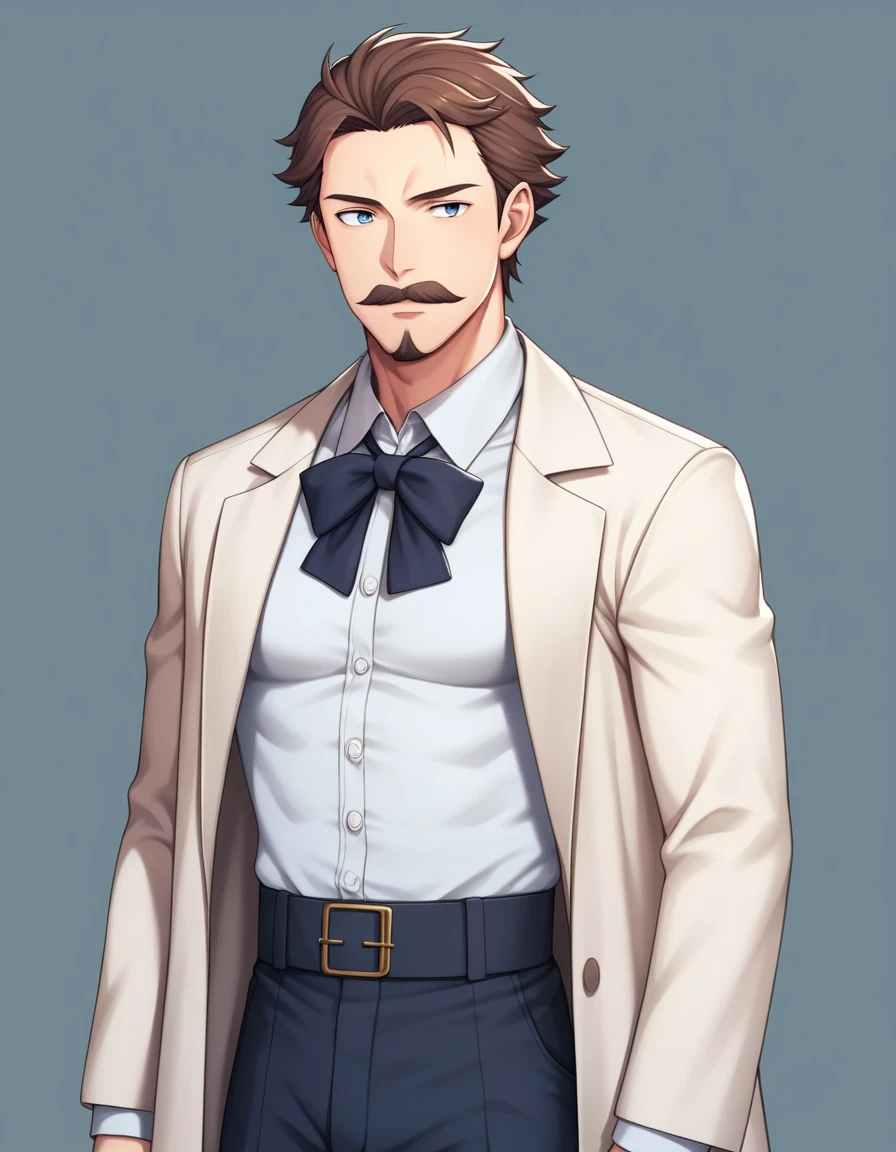 score_9, score_8_up, score_7_up, source_anime, score_6_up, score_5_up, score_4_up, BREAK 1man, mature male, parted bangs, medium-short hair, brown hair, muscular male celeb, short goatee, short mustache, indigo eyes, gentleman, elegant netori male, dark iris, upperwaist, BREAK solo, white collared shirt, gray trench coat, black neck ribbon, in gentle sasaki style, visual novel, 2010s, extreme all detailed, masterpiece, best quality