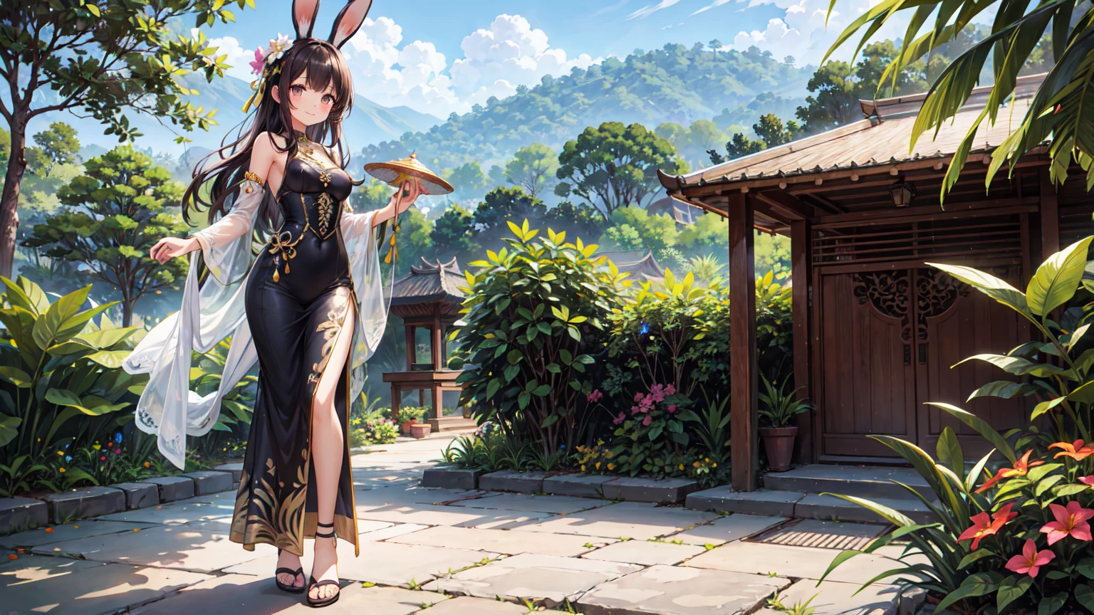 "Beautiful Indonesian Bunny Girl, Wearing a kebaya-style bunny costume. She already, Black wavy hair,It is decorated with a plumeria flower, Dark brown eyes, and a warm smile. The costume includes a corset similar to a traditional kebaya,It has intricate lace and batik designs on it,Available in dark blue and gold, Matching high heels, And a pair of furry white rabbit ears,It is decorated with small traditional Indonesian jewels.. She holds a traditional Indonesian fan. She stands in a lush Indonesian garden,The garden is full of tropical plants, Traditional Balinese gate, The background is the terraced landscape. Active atmosphere,The culture is deep, Capturing the essence of Indonesia’s cultural heritage."