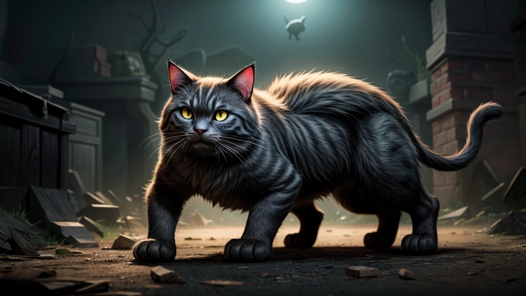 A huge cat, a shapeshifting cat, startling the villagers,(best quality,4k,8k,highres,masterpiece:1.2),ultra-detailed,(realistic,photorealistic,photo-realistic:1.37),highly detailed cat,intricate fur details,detailed facial features,menacing expression,large glowing eyes,sharp fangs,clawed paws,dark shadowy background,moody atmosphere,dramatic lighting,vibrant colors,fantasy,surreal,cinematic,horror,masterpiece