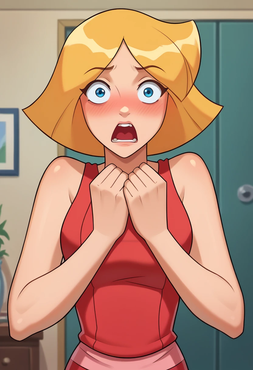 pov, Clover, totally spies, red top, blonde hair, medium hair, blue eyes, looking at viewer, bottomless, blushing, shocked, standing, screaming, covering herself, room