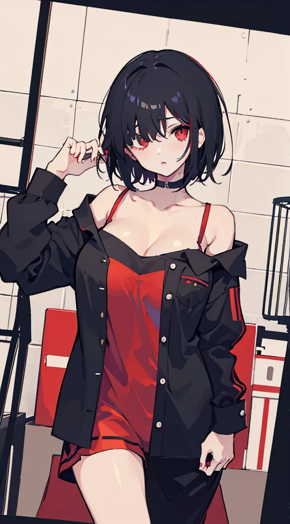 1 girl, black hair,red eyes, short hair,hair over one eye, Large Breasts, pajamas
