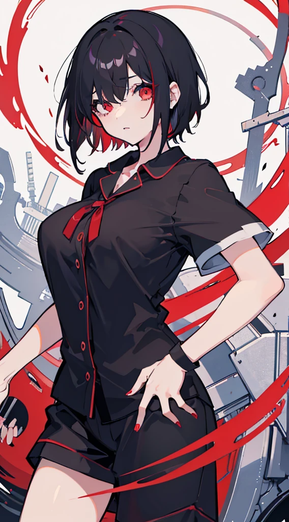 1 girl, black hair,red eyes, short hair,hair over one eye, Large Breasts, pajamas