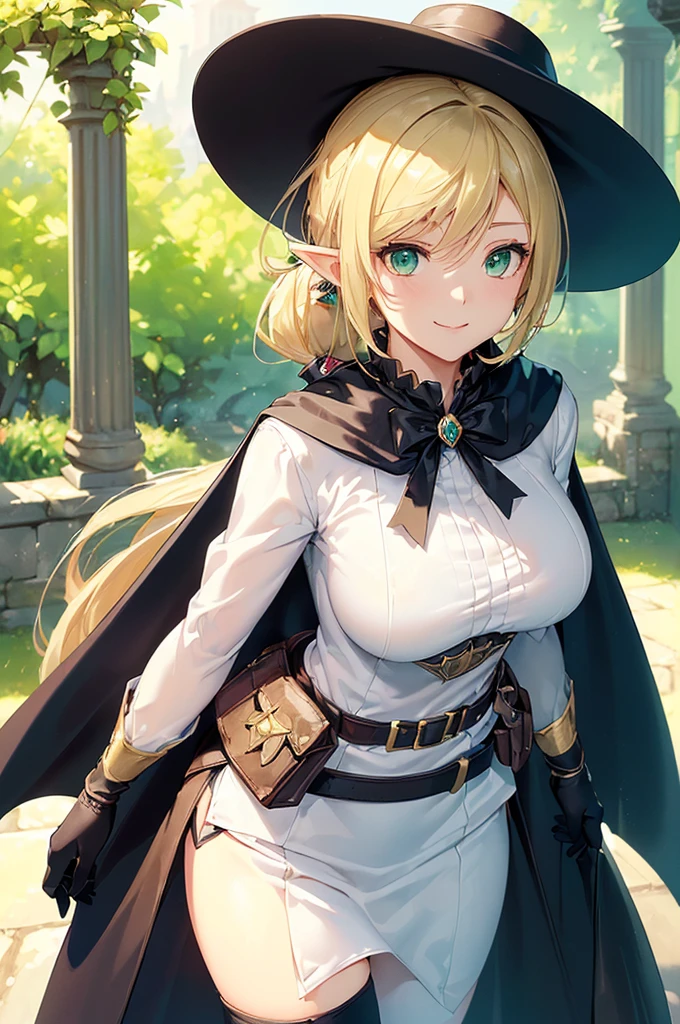 (((masterpiece; best quality: 1.2))), (finely detailed eyes: 1.3), (25 year old elf woman), (solo), (green eyes: 1.4), (body; big breasts, fit, femenine: 1.3), (silky blonde hair in low ponytail: 1.3), (beautiful and clear background: 1.2), ((depth of field)), (equipment: adventurer garb + modest + elegant wide-brimmed hat + dark blouse + dark cape + black long skirt + gloves + belt + pouches: 1.3), (anime illustration: 1.2), (background composition; royal garden: 1.1), (extremely fine and beautiful: 1.1), (shot composition; standing + centered on torso + close-up: 1.5), (expression; calm, smile: 1.2)