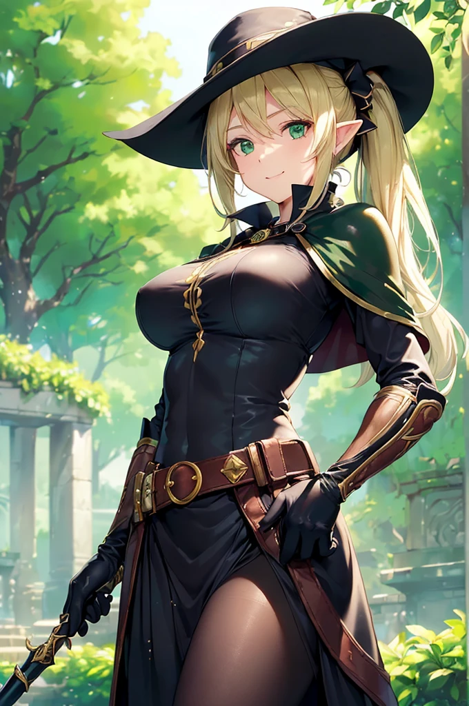 (((masterpiece; best quality: 1.2))), (finely detailed eyes: 1.3), (25 year old elf woman), (solo), (green eyes: 1.4), (body; big breasts, fit, femenine: 1.3), (silky blonde hair in low ponytail: 1.3), (beautiful and clear background: 1.2), ((depth of field)), (equipment: adventurer garb + modest + elegant wide-brimmed hat + dark blouse + dark cape + black long skirt + gloves + belt + pouches: 1.3), (anime illustration: 1.2), (background composition; royal garden: 1.1), (extremely fine and beautiful: 1.1), (shot composition; standing + centered on torso + close-up: 1.5), (expression; calm, smile: 1.2)