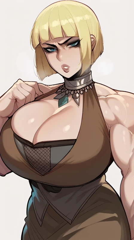 score_9, score_8_up, score_7_up, score_6_up, score_5_up, score_4_up, BREAK 1girl, ((muscular body:1)), intricate, (eyeliner:1.2), looking at viewer, bob hairstyle, blonde, jewelry, detailed background,huge breasts (masterpiece, high quality:1), neutral expression
