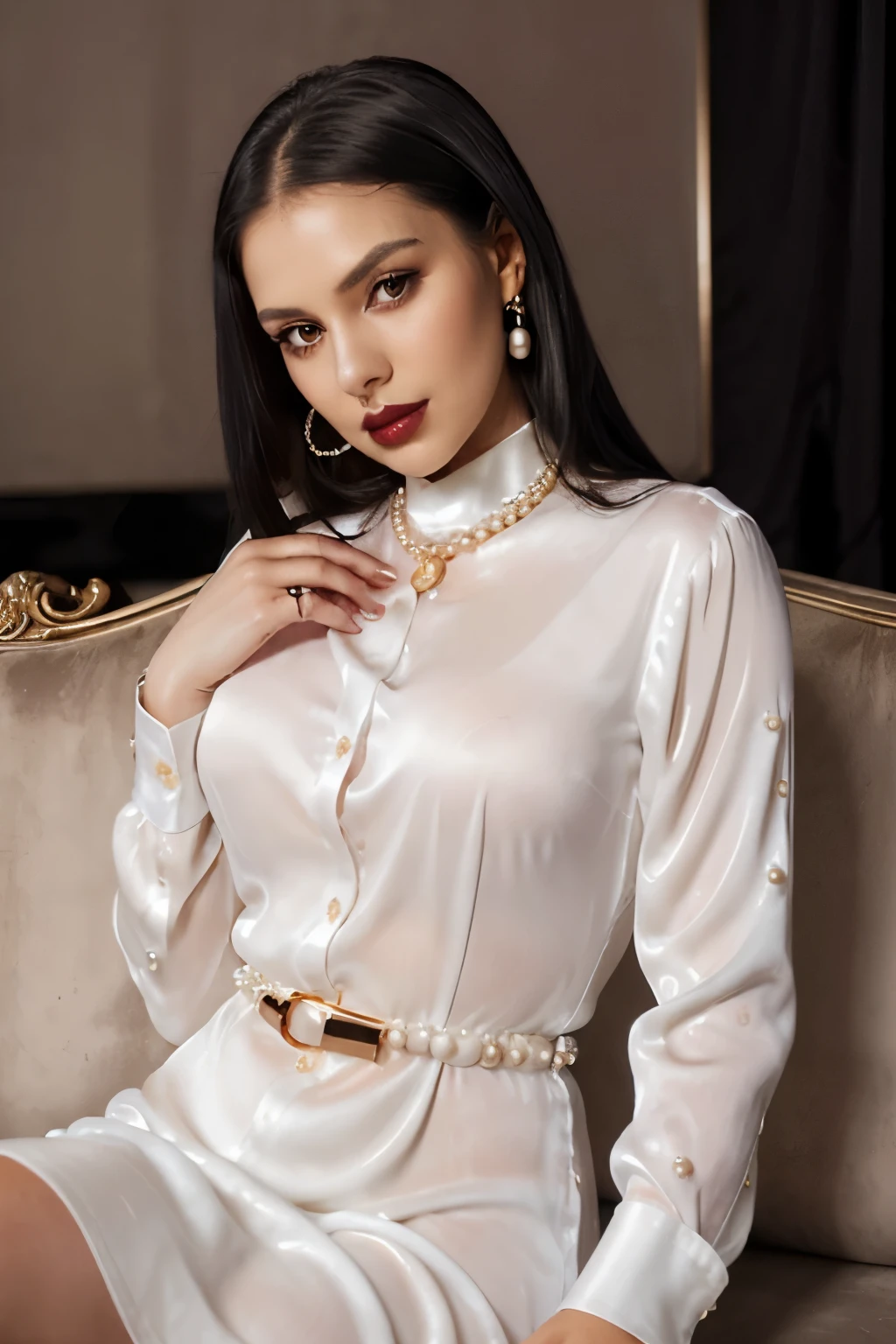 (1girl:1.34), (full body view with face and hair fully visible:2.34), (solo), (realistic photography), (elegant woman sitting with crossed legs on a couch wearing formal long sleeved shiny white satin collared shirt-dress buttoned all the way up :2.32), (her left hand caresses her left hip:2.21), (she wears shiny glossy black leather boots of same model on her two legs:1.54), (she wears a white pearls necklace over her shirt:1.45), (her right hand caresses her necklace:1.44), (straight long black hair:1.43), (asymetric hairstyle:1.42), (brown eyes:1.41), (latina type eyes:1.33), (slim body, medium breasts:1.32), (looking at the camera with intense dominant eyes:1.31), (realistic hands with intricate details:1.26), (wearing one black leather belt with golden buckle:1.22), (her right hand caresses her belt:1.21)heavy sophisticted make-up, deep dark eye shadow, thick lips, (dark shiny glossy lipstick:1.25), hourglass figure, seductive face, large round hoop golden earrings, golden bracelets, soft volumetric lights, intricate details, (ArtStation:1.2)