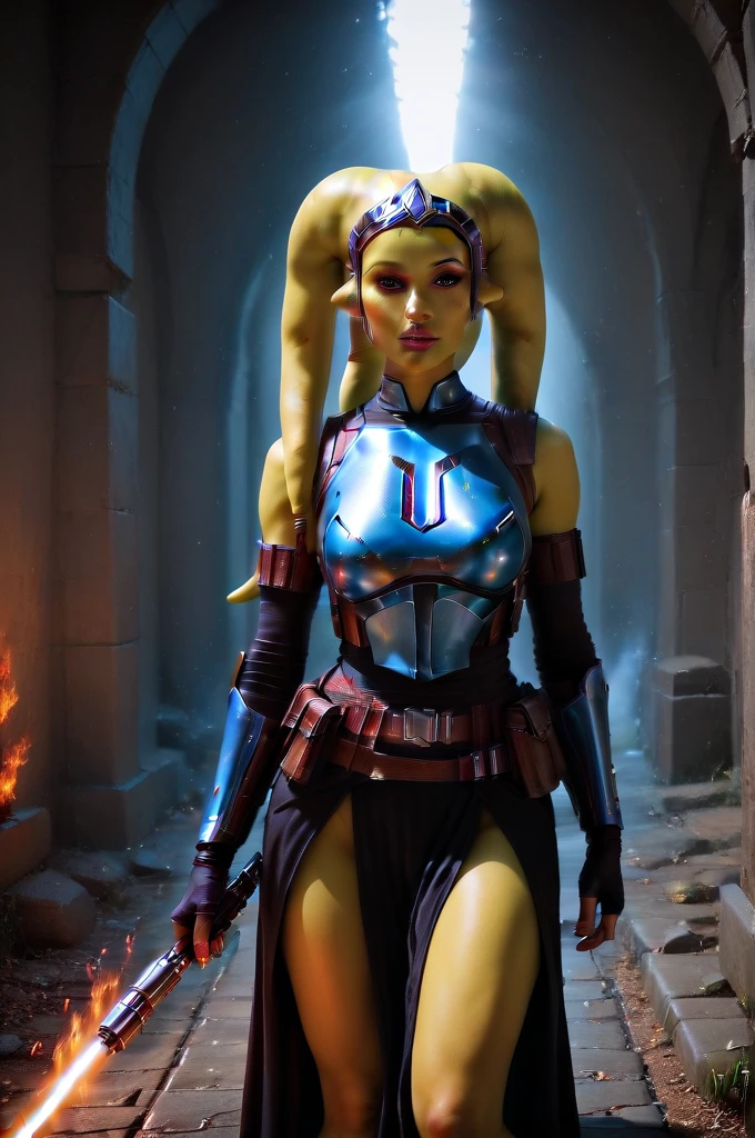 a ((fall body)) ((female twi'lek ))mandalorian,walking on fire, beautiful detailed eyes, beautiful detailed lips, extremely detailed face, long eyelashes, mandalorian armor, sci-fi, cinematic lighting, dramatic, epic, intricate details, hyper-realistic, 8k, high-quality, photorealistic