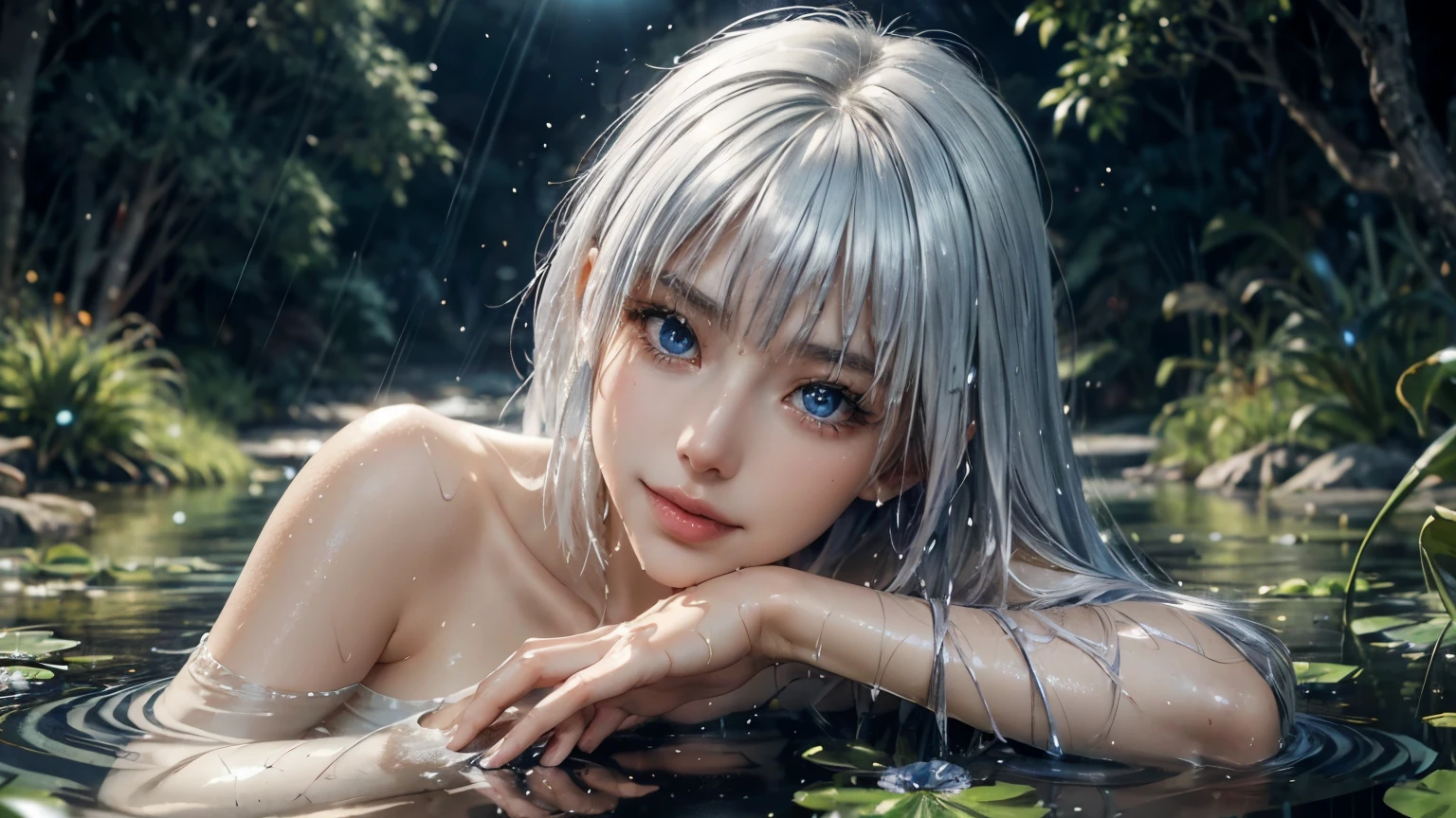 landscape of an woman, landscape of a very beautiful woman,(((cowboy shot))), Tobiichi Origamai /(date a live/), anime style, (((lie sideaways)))!!, (lie sideaways on the shallow water at by the pond), looks at the camera with beautiful blue eyes, (Beautiful blue eye's like sapphire :1.40)!!, Stars in her fixed eyes, (homochromatic eyes)!!!, seductive smile, Cute little nose,  white hair between eyes,  White hair bangs, (ultra shine white hair)!!, (smooth short hair with accent)!!, ((dynamic composition)), (bare shoulders)!!, detailed realistic hair,  breathtaking rendering, Sweet girl, Best Quality, Masterpiece, Ultra-detailed, Beautiful, hight resolution, Original, CG 8K, perfect artwork, beatiful face, Face Clean, Skin, hyper realistic, Ultra Detailed, A detailed eye, dramatic  lighting, (Realistic) Realistic, Full HD, Best Quality, Best Quality, Beautiful lighting, (8k wallpaper of extremely detailed CG unit), High Details, sharp-focus, The art of dramatic and photorealistic painting, beautiful smile, Incredibly detailed face, hyper detailed face, A face with a lot of detail, Perfect nose, seductive smile, ((In shallow water)), by the pond, Beautiful butterflies are flying, (((Wet body))), Shiny skin, Fine-grained skin, Fine-grained hair, (Butterflies flying around a 1girl), (Starry sky), forest, Pillar of Light, water lily, mosses, crystal clear clean water, Moonlight, Glitter, (Midnight, Dark)