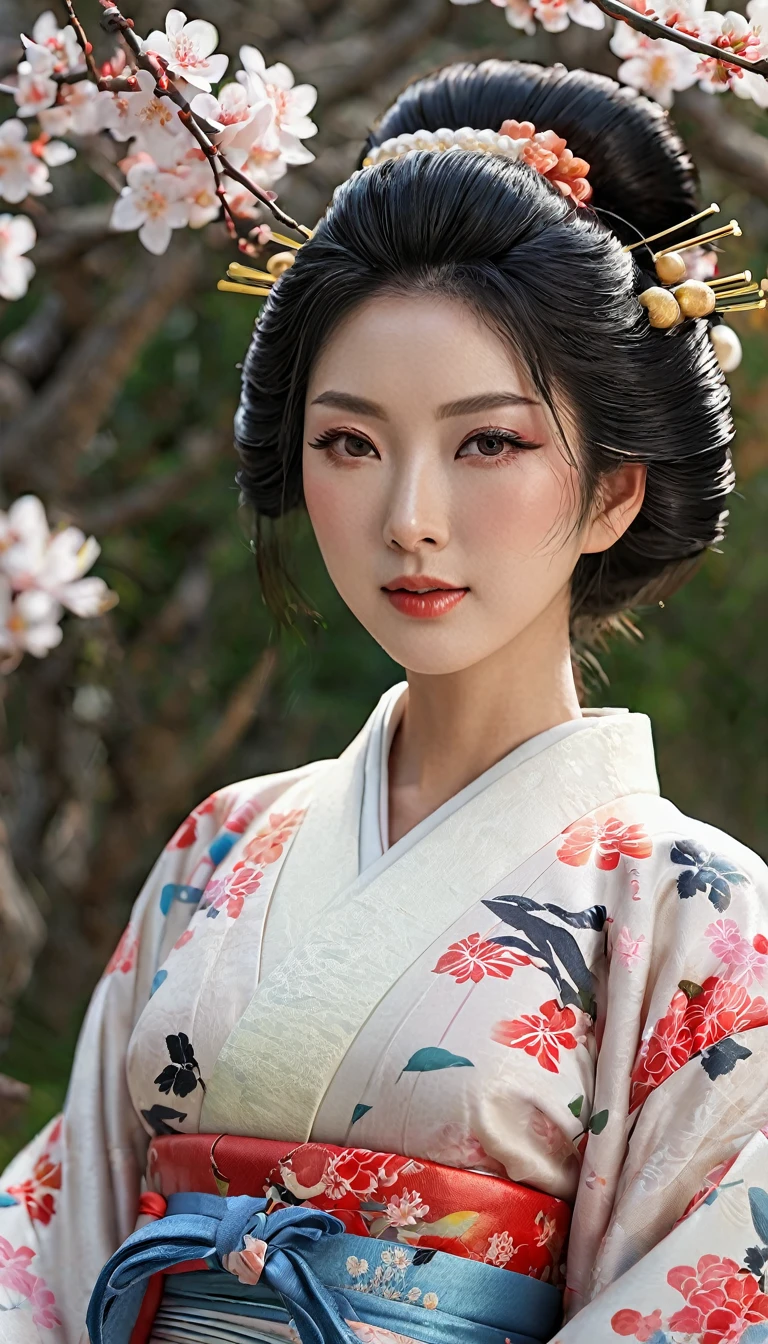 最high quality、high quality、Best image quality、8k、最High resolution、High resolution、最high quality、masterpiece、RAW Photos、whole body写真、Detailed and realistic human body、Detailed and realistic skin、Realistic face in every detail、Realistic reproduction of every detail、Detailed and realistic lips、Detailed and realistic teeth、Detailed and realistic ears、Detailed and realistic hair、Detailed and realistic weapons、Realistic reproduction of every detail、Realistic fingers in every detail、(Beautiful Hands、thumb1reference4)、Realistic feet down to the last detail、((Beautiful Japanese Mature))、(Japanese Model), (Japanese women)、((40 year old mature woman))、(Black Hair)、(Straight hair)、((whole body))、((Beautiful upturned breasts))、(Slim Style、Slim fit)、(whole body光沢肌、Fair skin)、Detailed and realistic human body、Detailed and realistic skin、Realistic face in every detail、Detailed and realistic weapons、Realistic fingers in every detail、Detailed realistic feet、Soft natural light、Maiko、geisha、kimono、Long-sleeved kimono、yukata、Japanese tradition、Samurai residence、Japanese garden、((Shiny Leather(セクシーなkimono))、((Sitting on a stump in the garden(Poses to make your thighs look beautiful))、(Angle from below)