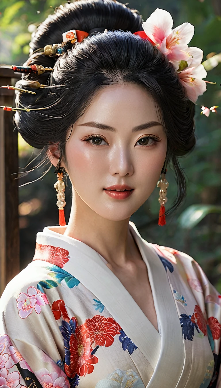 最high quality、high quality、Best image quality、8k、最High resolution、High resolution、最high quality、masterpiece、RAW Photos、whole body写真、Detailed and realistic human body、Detailed and realistic skin、Realistic face in every detail、Realistic reproduction of every detail、Detailed and realistic lips、Detailed and realistic teeth、Detailed and realistic ears、Detailed and realistic hair、Detailed and realistic weapons、Realistic reproduction of every detail、Realistic fingers in every detail、(Beautiful Hands、thumb１reference４)、Realistic feet down to the last detail、((Beautiful Japanese ))、(Japanese Model), (Japanese women)、((40 year old mature))、(Black Hair)、(Straight hair)、((whole body))、((Beautiful upturned breasts))、(Sle、Slim fit)、(whole body光沢肌、Fair skin)、Detailed and realistic human body、Detailed and realistic skin、Realistic face in every detail、Detailed and realistic weapons、Realistic fingers in every detail、Detailed realistic feet、Soft natural light、Maiko、geisha、kimono、Long-sleeved kimono、yukata、Japanese tradition、Samurai residence、Japanese garden、((Shiny Leather(セクシーなkimono))、((Sit on a stump in the garden(Poses to make your thighs look beautiful))、(Angle from below)
