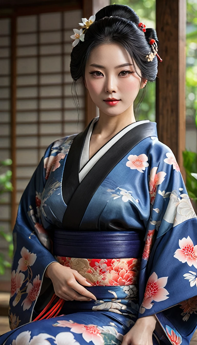 最high quality、high quality、Best image quality、8k、最High resolution、High resolution、最high quality、masterpiece、RAW Photos、whole body写真、Detailed and realistic human body、Detailed and realistic skin、Realistic face in every detail、Realistic reproduction of every detail、Detailed and realistic lips、Detailed and realistic teeth、Detailed and realistic ears、Detailed and realistic hair、Detailed and realistic weapons、Realistic reproduction of every detail、Realistic fingers in every detail、(Beautiful Hands、thumb1reference4)、Realistic feet down to the last detail、((Beautiful Japanese Mature))、(Japanese Model), (Japanese women)、((40 year old mature woman))、(Black Hair)、(Straight hair)、((whole body))、((Beautiful upturned breasts))、(Slim Style、Slim fit)、(whole body光沢肌、Fair skin)、Detailed and realistic human body、Detailed and realistic skin、Realistic face in every detail、Detailed and realistic weapons、Realistic fingers in every detail、Detailed realistic feet、Soft natural light、Maiko、geisha、kimono、Long-sleeved kimono、yukata、Japanese tradition、Samurai residence、Japanese garden、((Shiny Leather(セクシーなkimono))、((Sitting on a stump in the garden(Poses to make your thighs look beautiful))、(Angle from below)