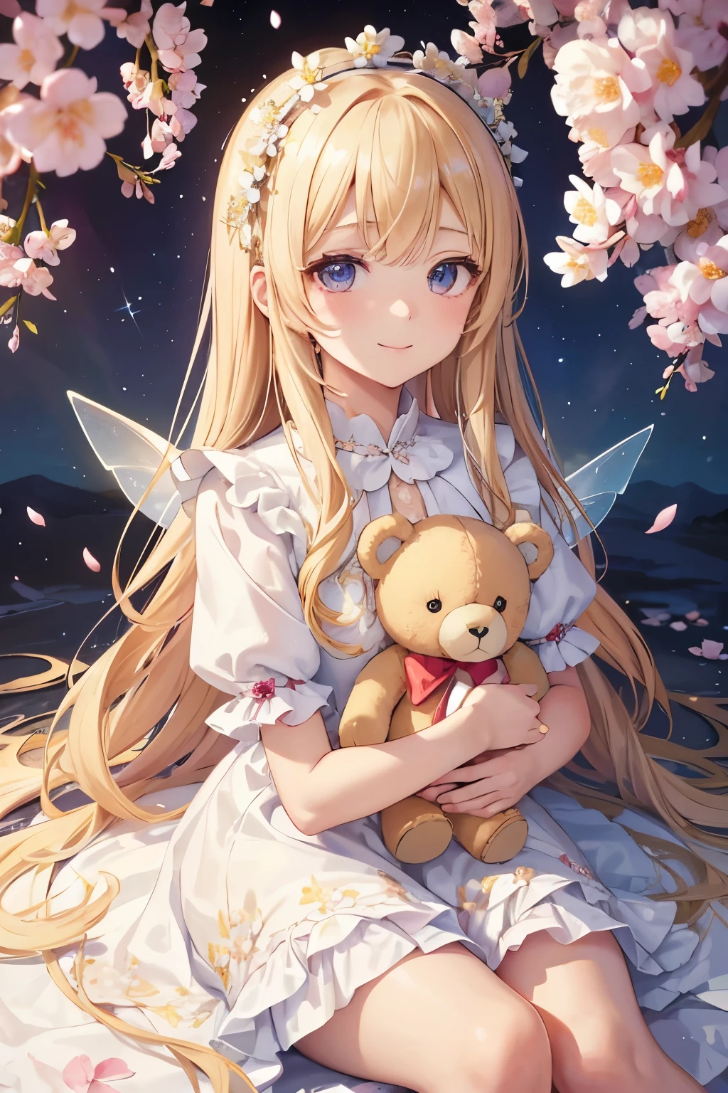 A young girl with long blonde hair, wearing a white dress with numerous floral decorations, sits holding a teddy bear. She has smile. She has a flower crown. The background is a night sky with sparkling lights and cherry blossoms hanging above. Detailed, anime style. Add a fairy dust overlay. Include highlights in her eyes.