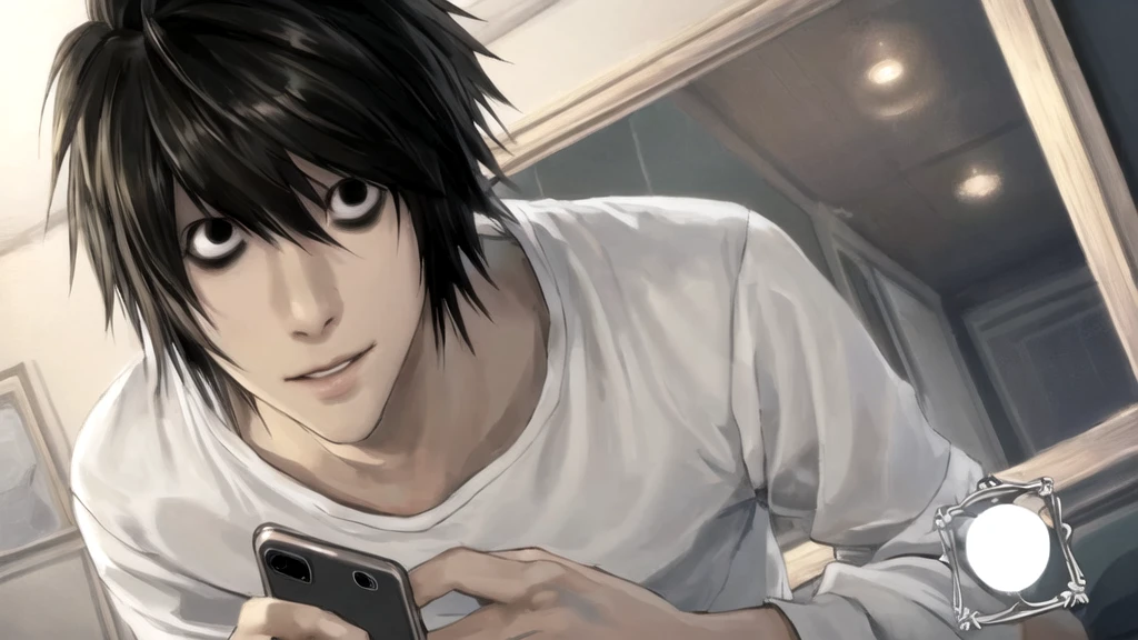 1 boy, man, perfect anatomy, mesmerizing black eyes, 8k resolution, (one person), (realism: 1.2), (masterpiece: 1.2), (cowboy frame: 1.2), dark romantic lighting, (high detail: 1.2), (detailed face: 1.2), (gradients), bright detailed eyes, (natural light: 1.2), solo, indoors, perfect lighting, perfect facial features, perfect angle, perfectly drawn eyes, man, smile, skinny, holds the phone in his hand, serious expression
