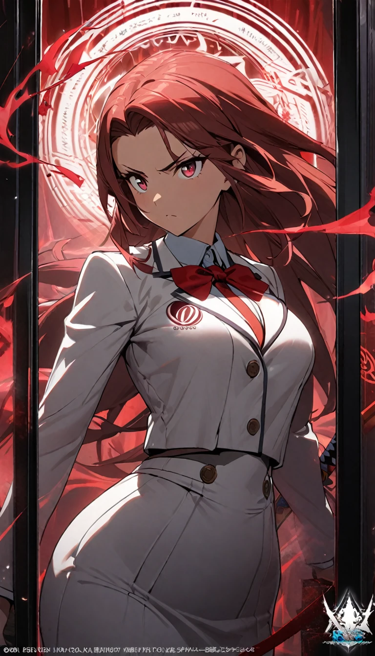 1girl,matured,red curtain hair forehead,small eyes,,long face,two glowing katana in a case, ,white blazer with logo,white high waist skirt,red glowing eldritch magic circle, serious, perfect body,closeup,