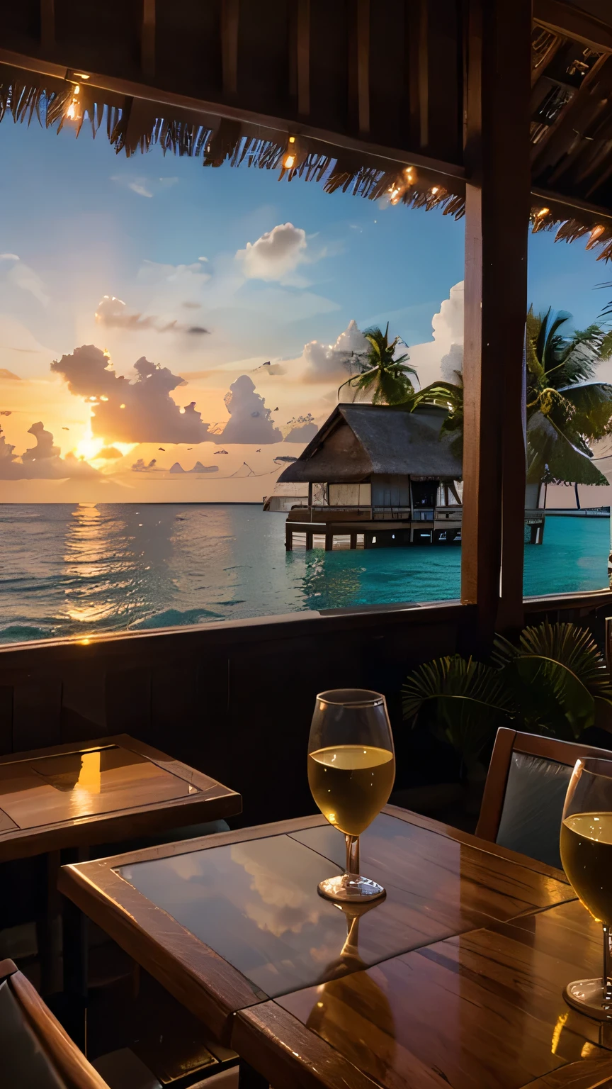 Generate a photo in a restaurant in the Maldives on the ocean shore; the photo should have a beautiful regional view and a little visible table on which there are 2 glasses of white wine and the sunrise can be seen