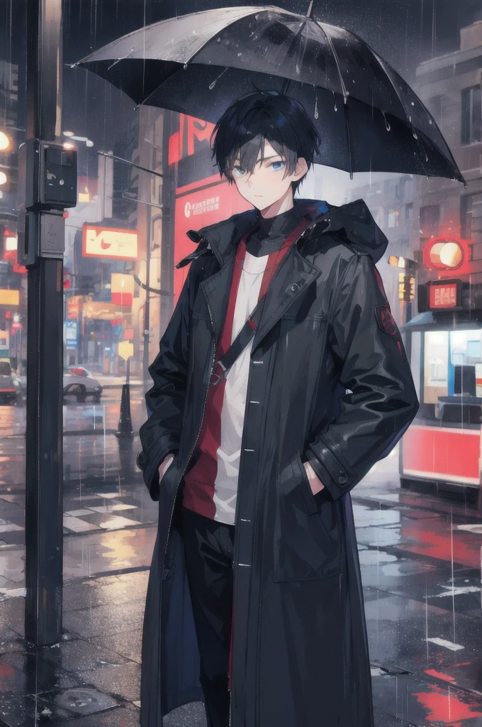 1 Boy,of the night city,rain,coat,Hands in pockets