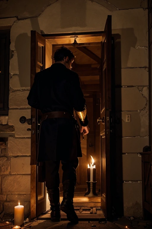 Cursed men with torches ,  opening the door of a house in the middle ages
